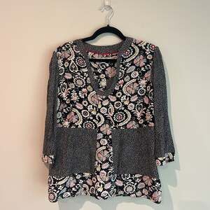 Boden‎ Mollie Tunic Top Black Floral Polka Dot 3/4 Sleeves Cottagecore Size 14